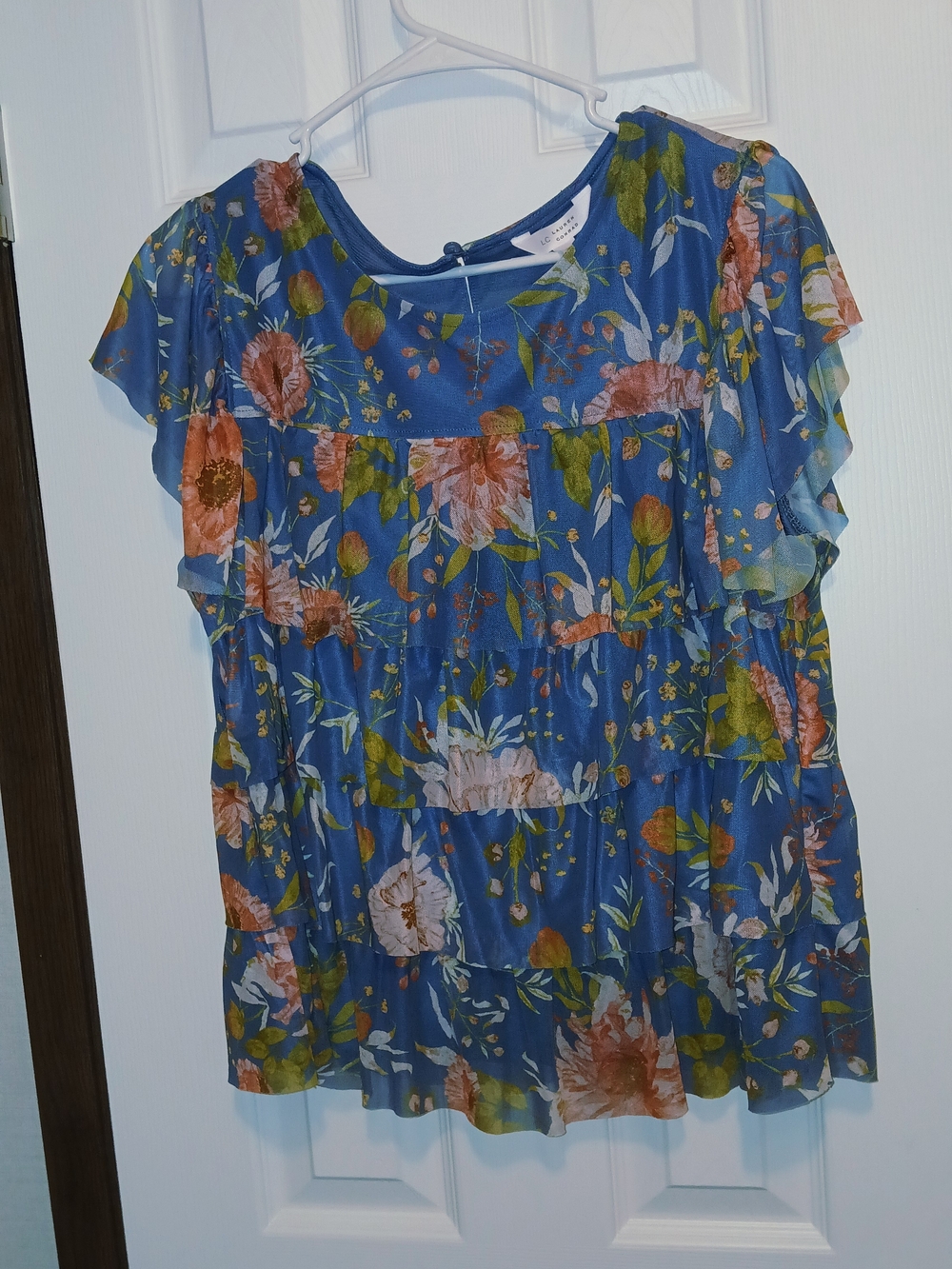 LC Lauren Conrad Blue Floral Ruffle Tiered Blouse
